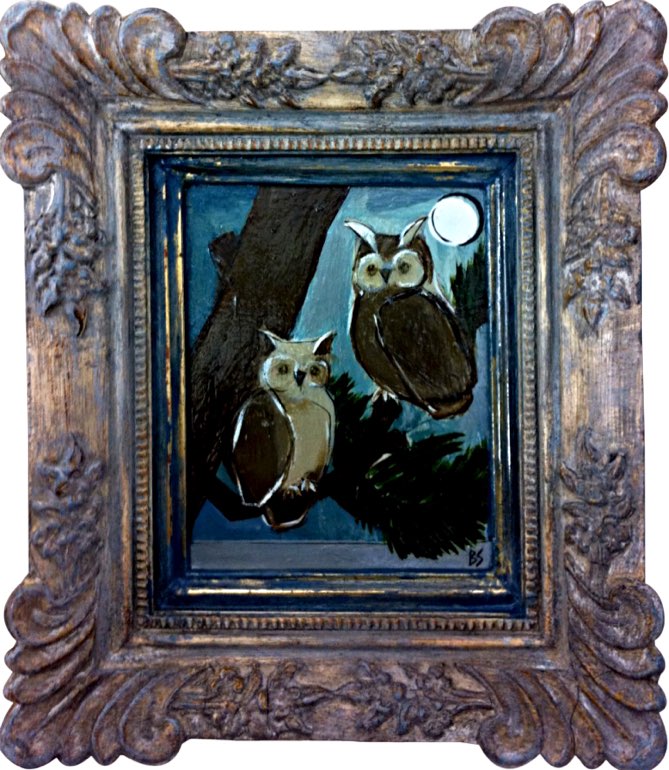 MINIATURE 'The Midnight Owls', Oil & Acrylic on Board in Gold/Cream Ornate Wooden Frame