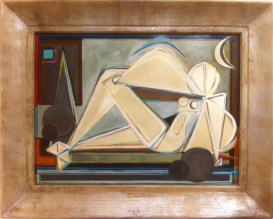 'Luna in French Garden', Oil & Acrylic on Board in 1950s Gold Gilt Frame