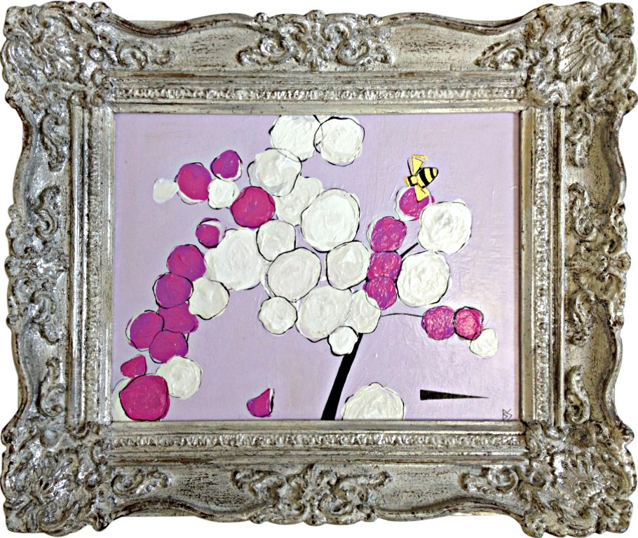 'Bee Loves Blossom' Oil & Acrylic on Board in Foliate Silver Gilt Antique Wooden Frame