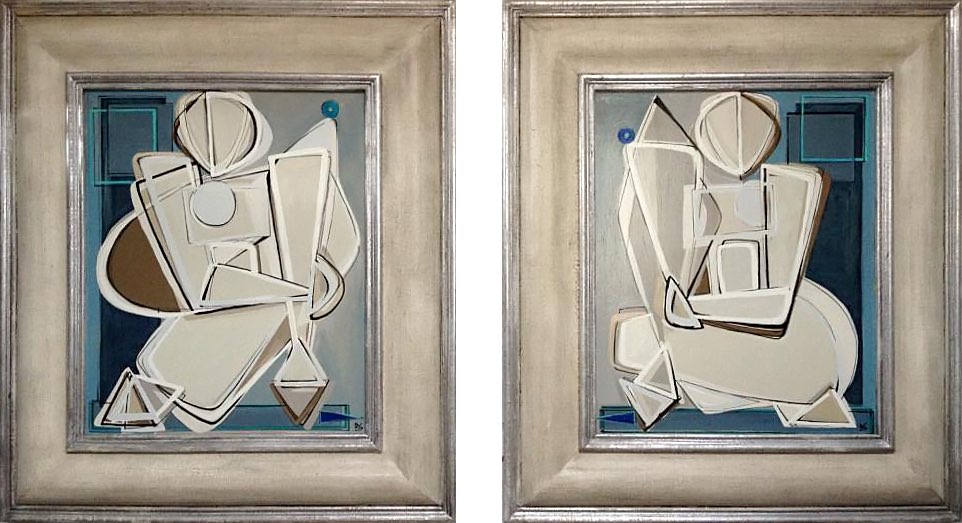 PAIR 'Sitting Pretty with Sapphire & Turquoise O' Oil & Acrylic on Board in Cream and Silver Gilt Finish Frames