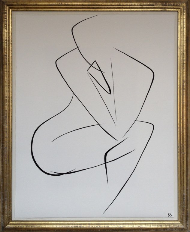 'Nude Pose' No.5 Gouache Linear on Handmade Paper in Gold Gilt Frame