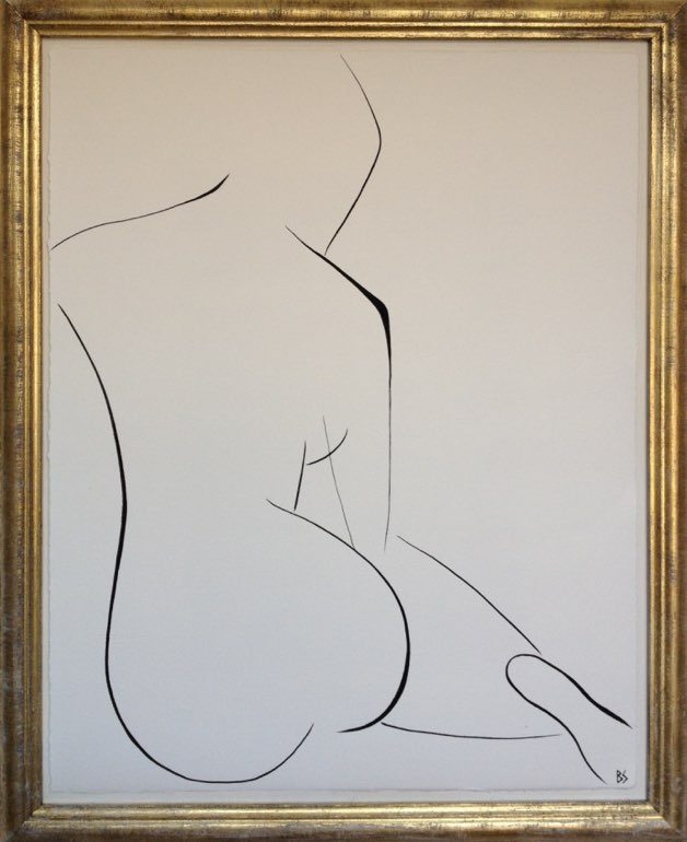 'Nude Pose' No.7 Gouache Linear on Handmade Paper in Gold Gilt Frame