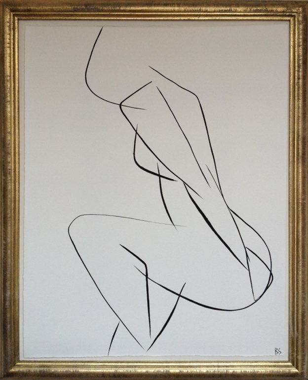 'Nude Pose' No.8 Gouache Linear on Handmade Paper in Gold Gilt Frame