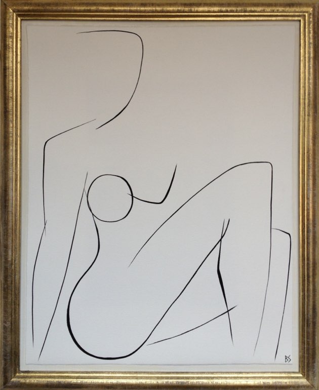 'Nude Pose' No.10 Gouache Linear on Handmade Paper in Gold Gilt Frame