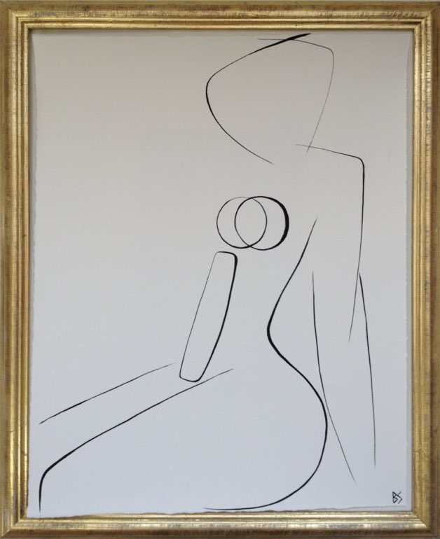 'Nude Pose' No.13 Gouache Linear on Handmade Paper in Gold Gilt Frame
