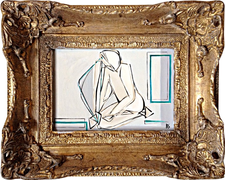 'Charlotte Sitting Pretty in Turquoise' Oil & Acrylic on Board in Ornate Gold Frame