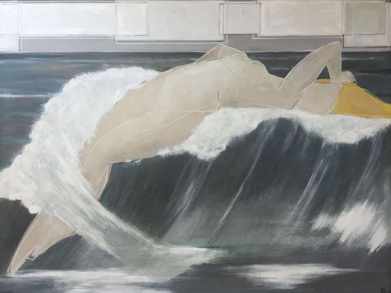 'The Siren' Oil & Acrylic on Board in Deco Style Antiqued Silver Leaf Frame