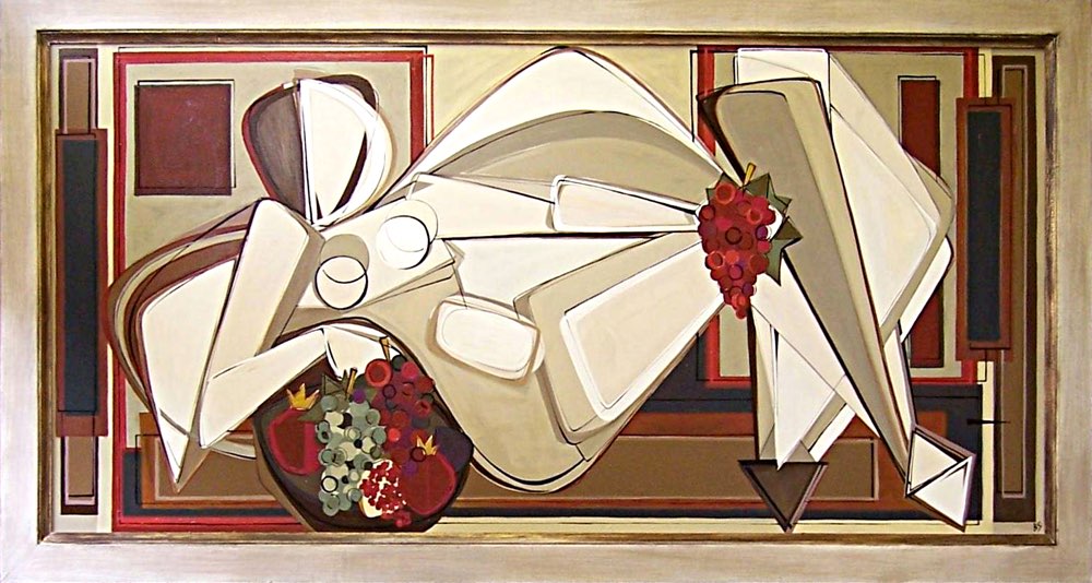 'Angela Reclining with Grapes' Oil & Acrylic on Board in Cream & Gold Leaf Bespoke Wooden Frame