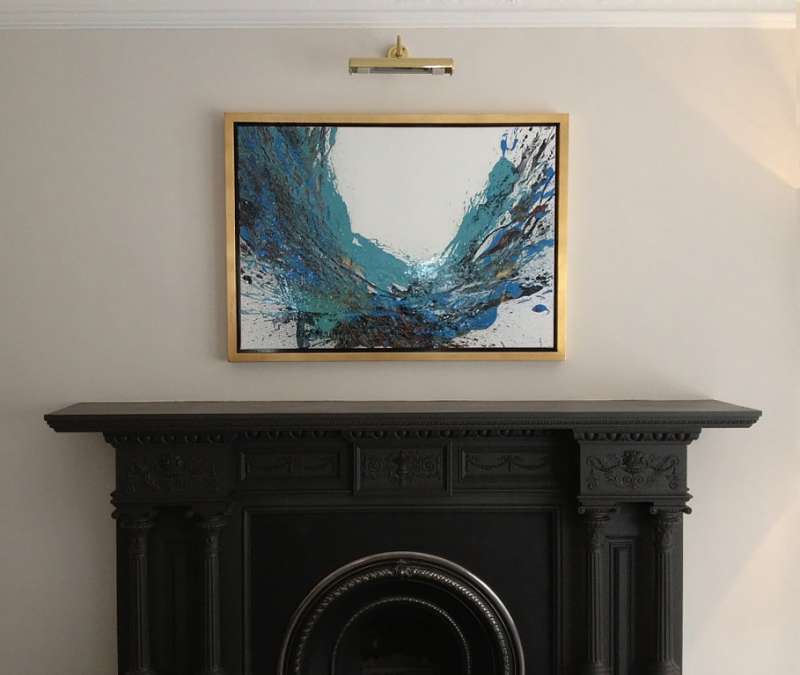 'Turquoise Splash' Oil & Acrylic on Canvas in Gold Leaf Tray Frame