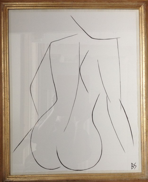 'Nude Pose' No.18 Gouache Linear on Handmade Paper in Gold Gilt Frame
