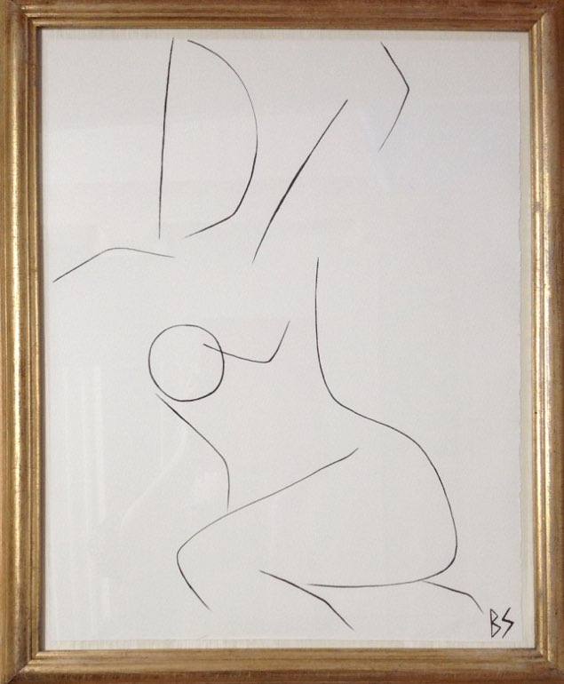'Nude Pose' No.19 Gouache Linear on Handmade Paper in Gold Gilt Frame