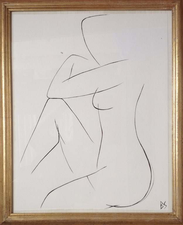 'Nude Pose' No.21 Gouache Linear on Handmade Paper in Gold Gilt Frame