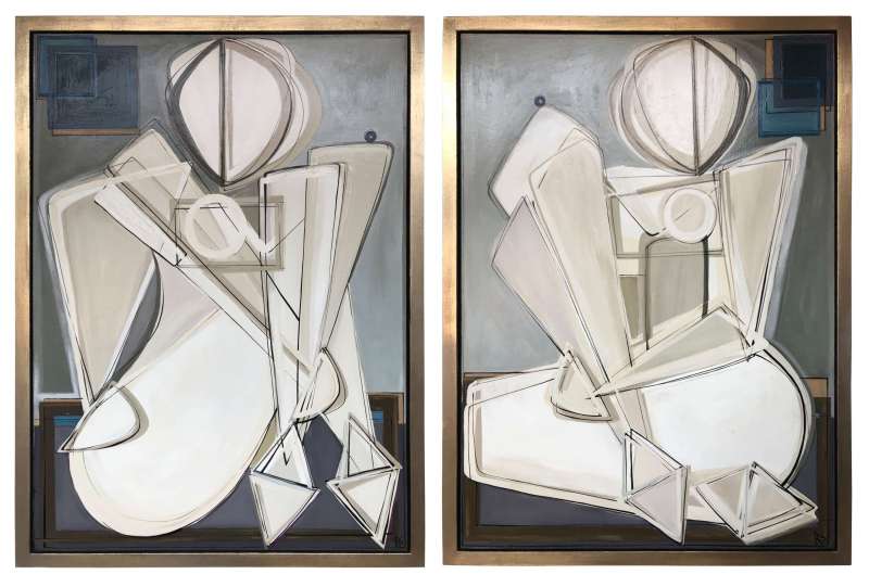 PAIR 'Seated Petra with Blueberry O' Left & Right Study Oil & Acrylic on Board in Gold Leaf with Silver & Bronze Finish Tray Frames