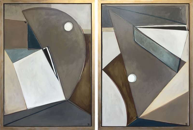 PAIR 'Eclipse' Oil & Acrylic on Board in Bronze/Silver Finish Tray Frames
