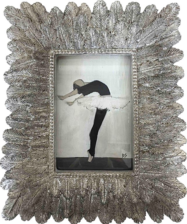 'Bend Like a Feather' Oil, Gouache & Acrylic on Board Behind in Ornate Silver Gilt 'Feather' Frame