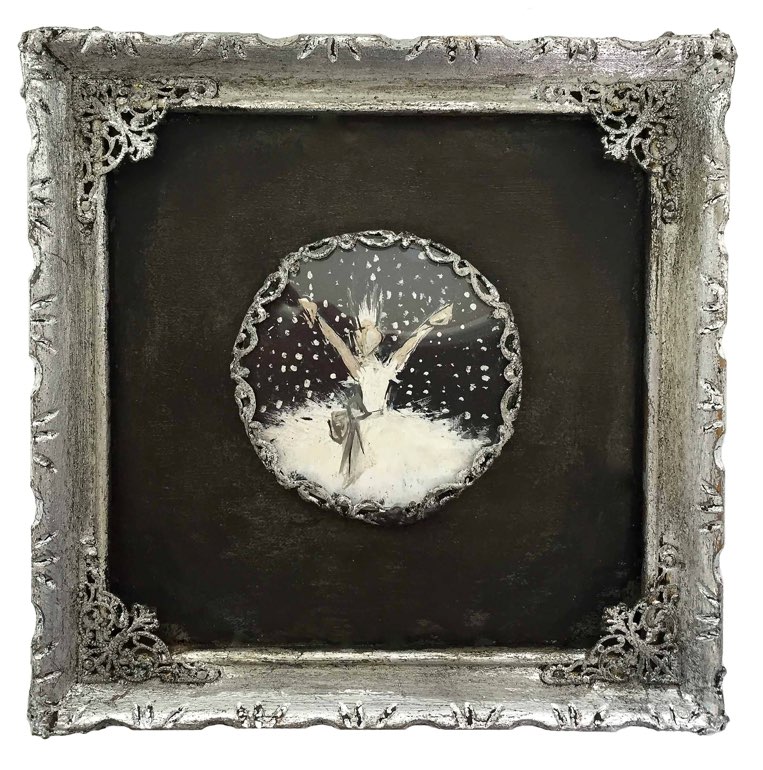 'The Snow Queen' Oil Gouache & Acrylic on Board behind Circular Convex Glass in Ornate Square Silver Gilt Frame
