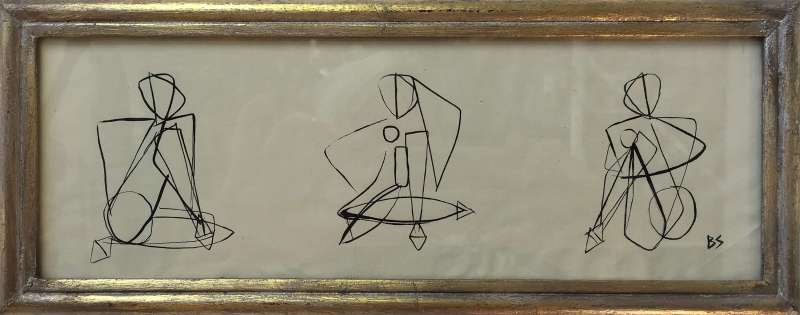 'Three Poses’ Gouache on Paper in Small Gold Gilt Frame