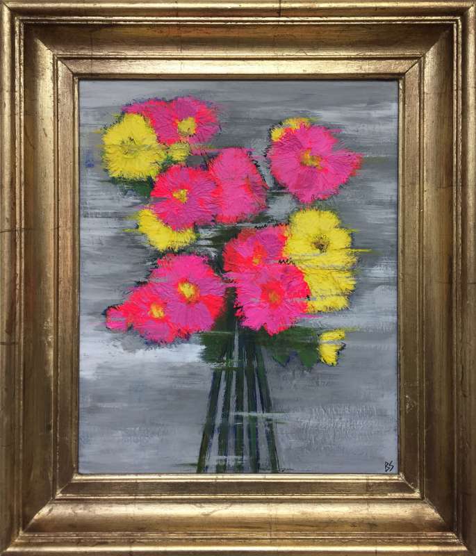 ‘Lala’s Flowers’ Oil & Acrylic on Board in Gold Gilt Antique Frame