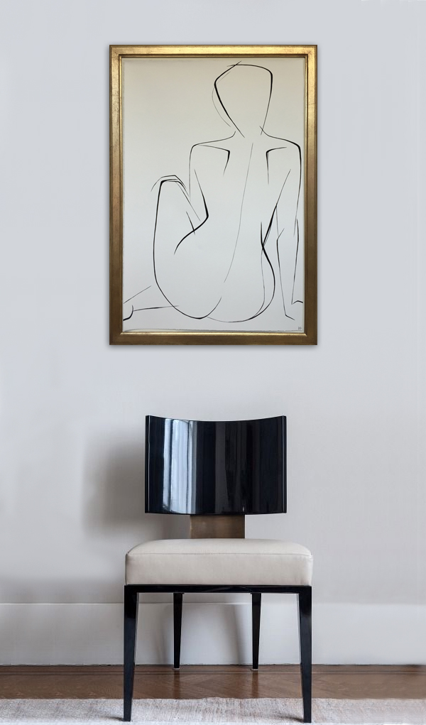 Large Linear Nude Pose No.29 Gouache on Handmade Paper in Gold Gilt Frame