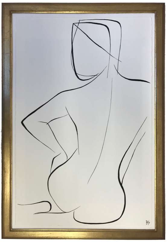 Large Linear Nude Pose No.36 Gouache on Handmade Paper in Gold Gilt Frame