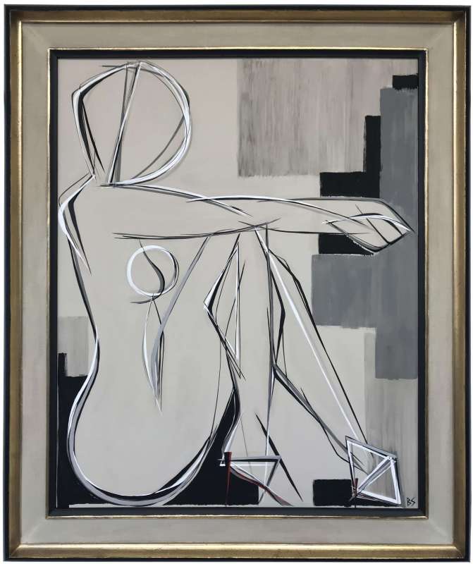 'Sitting in Heels' Gouache on Board in Vintage 1950s Black Lacquer, Gold and Linen Frame