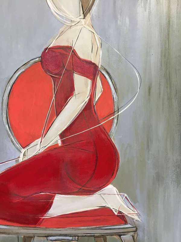 ‘Party Dress' Oil & Acrylic on Board in Cream and Silver Gilt Finish Cushion Frame