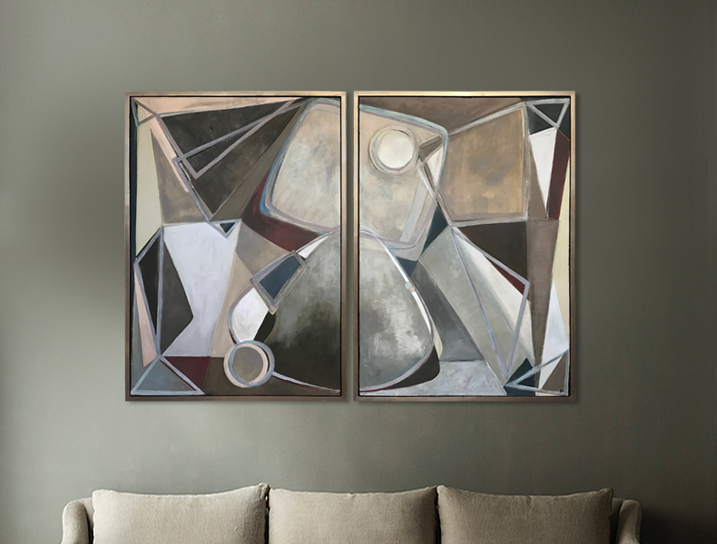 ‘Cashmere Diptych’ Gouache & Acrylic on Board in Gold Leaf and Bronze Finish Shadow Gap Tray Frame