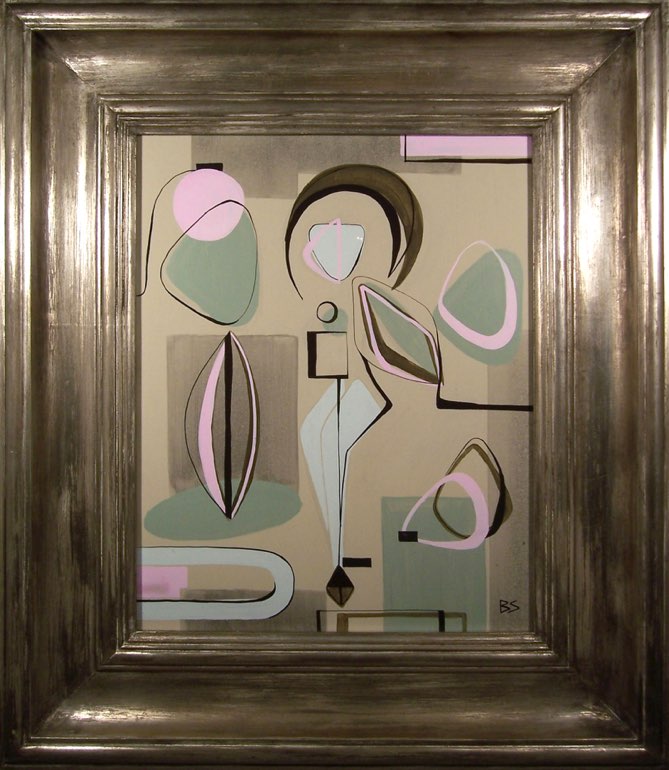 Blue, Pink and Green Abstract Figure in Modern Silver Frame