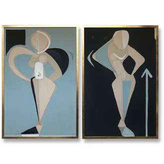 PAIR ‘Chet’s Girls’ Gouache on Board Left & Right Study Behind Glass in Gold and Bronze Finish Frames (B1042)