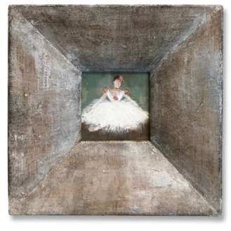 MINIATURE 'Sitting Rose Ballerina’ Gouache & Acrylic on Board In Square Silver Leaf with Antique Finish Cushion Frame (B1092)