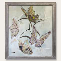 'Orchid Butterflies' Gouache behind Glass in Wooden Carved Fluted Silver Leaf with Light Bronze Finish Frame (B468)