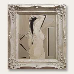 'Stretching Nude' Oil & Acrylic on Canvas in Carved Wooden Stone Effect Frame (B576)