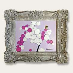 'Bee Loves Blossom' Oil & Acrylic on Board in Foliate Silver Gilt Antique Wooden Frame (B658)