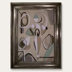 Figurative Abstract in Green and Brown in Silver Modern Frame (B81)