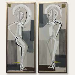PAIR 'Standing Belle' L & R Study Gouache on Board behind Glass in Gold/Bronze Finish Frame (B841)